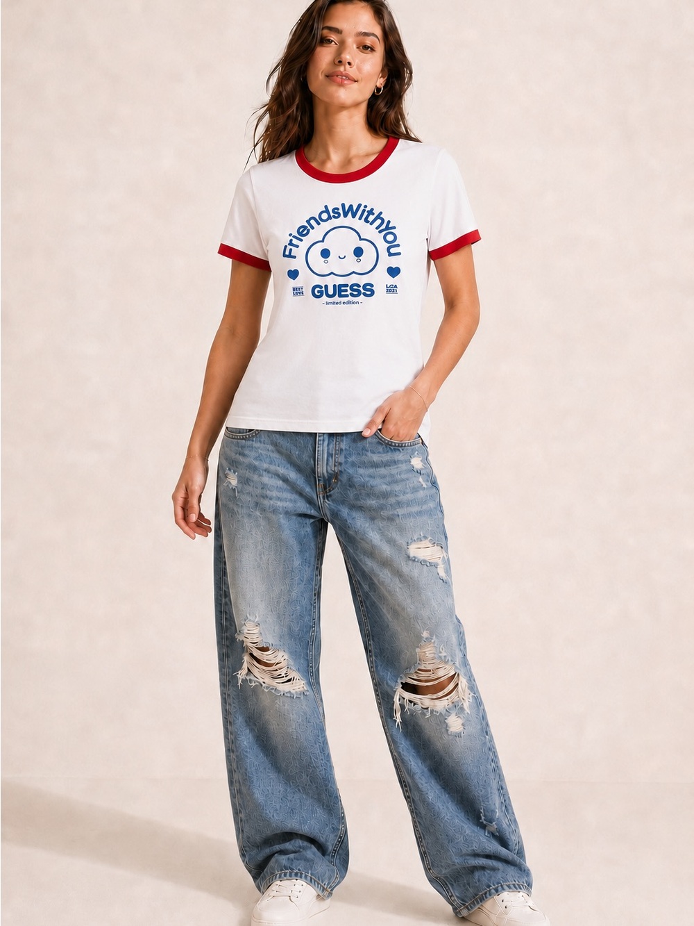 GUESS White Tee with Navy Cloud Graphic and Red Trim